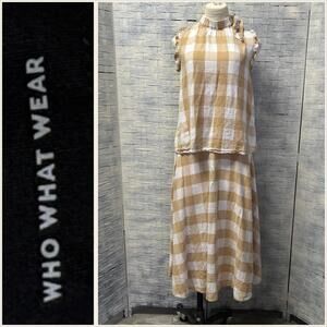 WHO WHAT‎ WEAR Top S & Skirt 4 Set Tan White Gingham Plaid Linen Blend